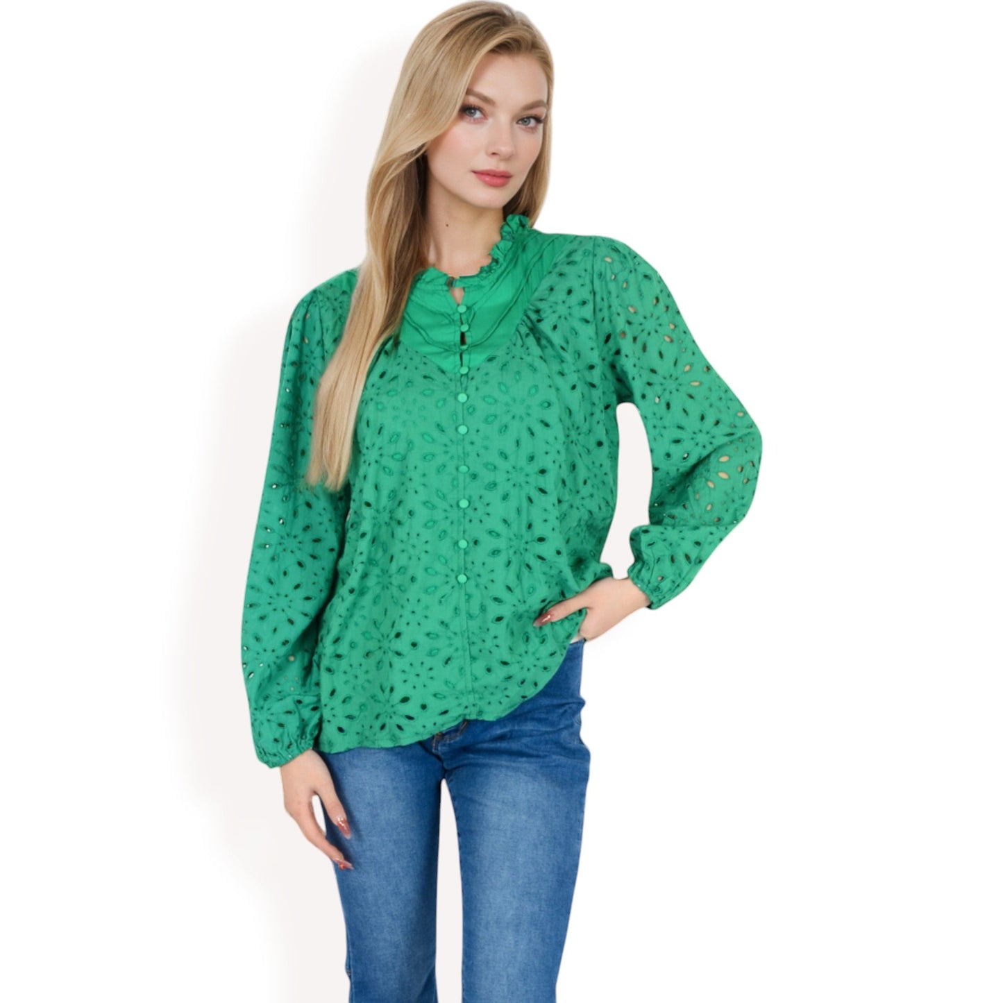 Long Sleeve Floral Print Blouse with Ruffled High Neck