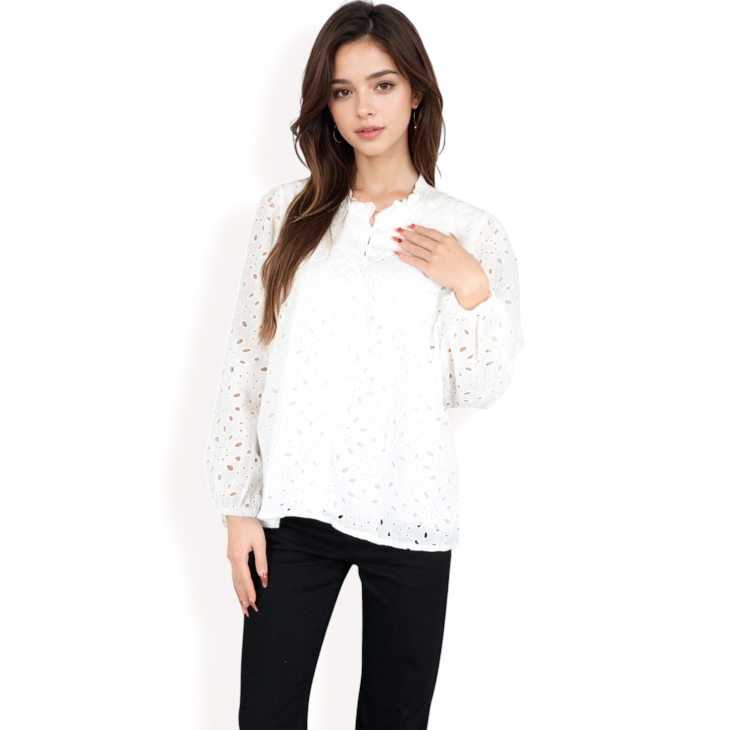 Long Sleeve Floral Print Blouse with Ruffled High Neck