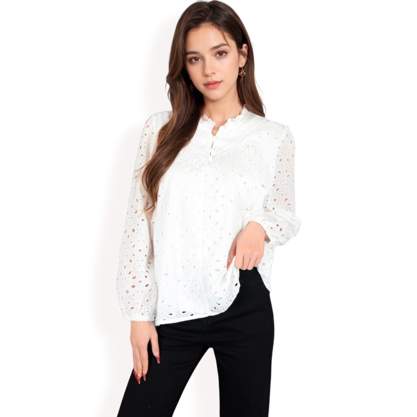 Long Sleeve Floral Print Blouse with Ruffled High Neck