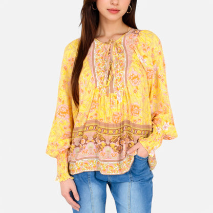 Women's Floral Boho Peasant Blouse with Long Sleeves and Tassel Tie