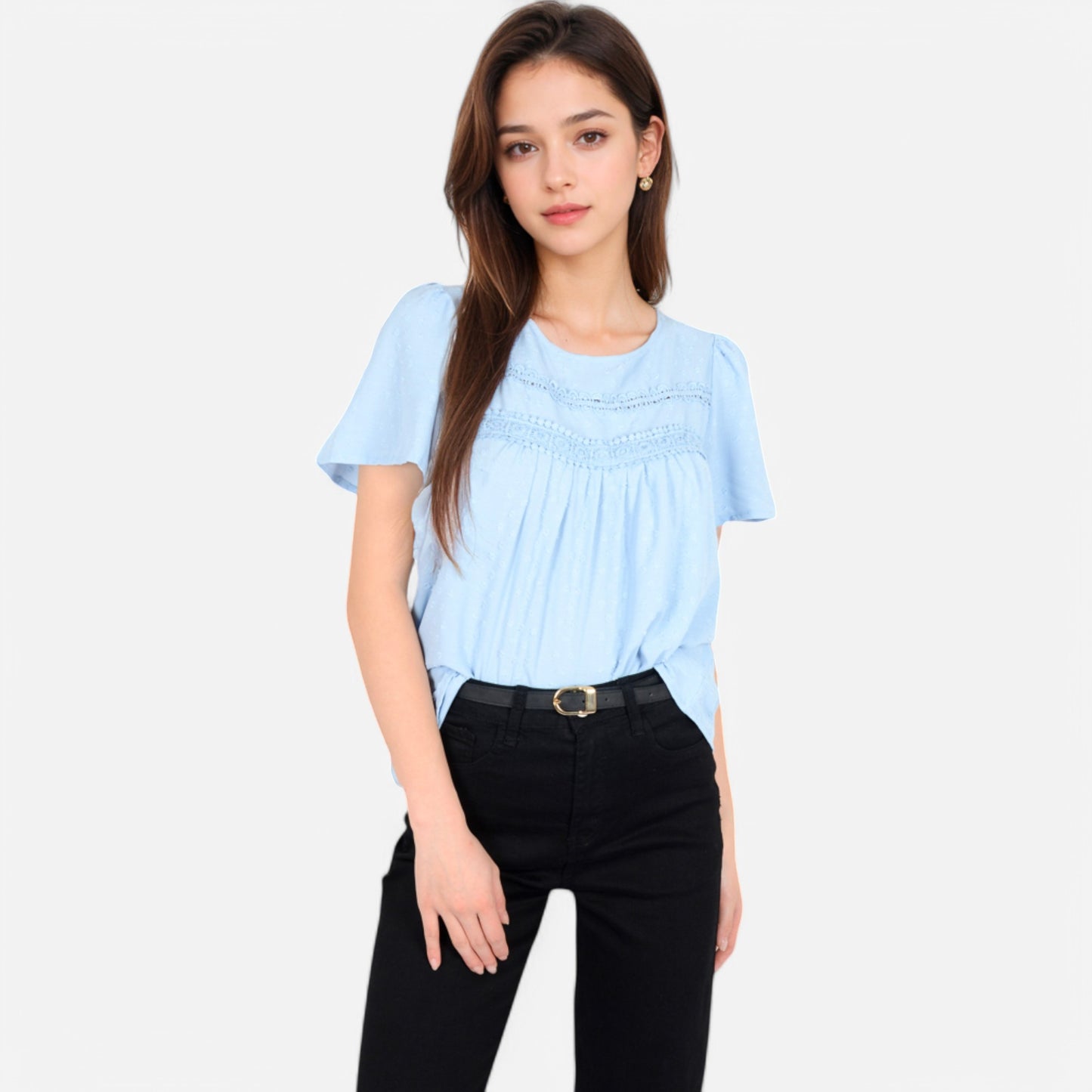 Lace Yoke Short Sleeve Blouse with Pleated Front