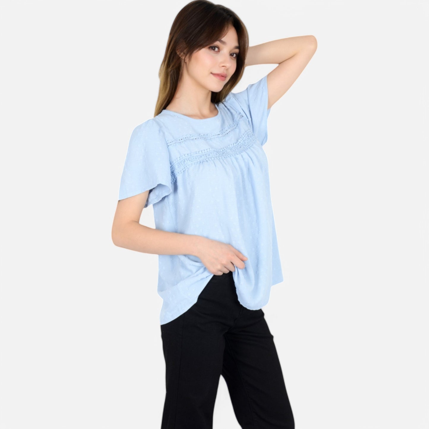 Lace Yoke Short Sleeve Blouse with Pleated Front
