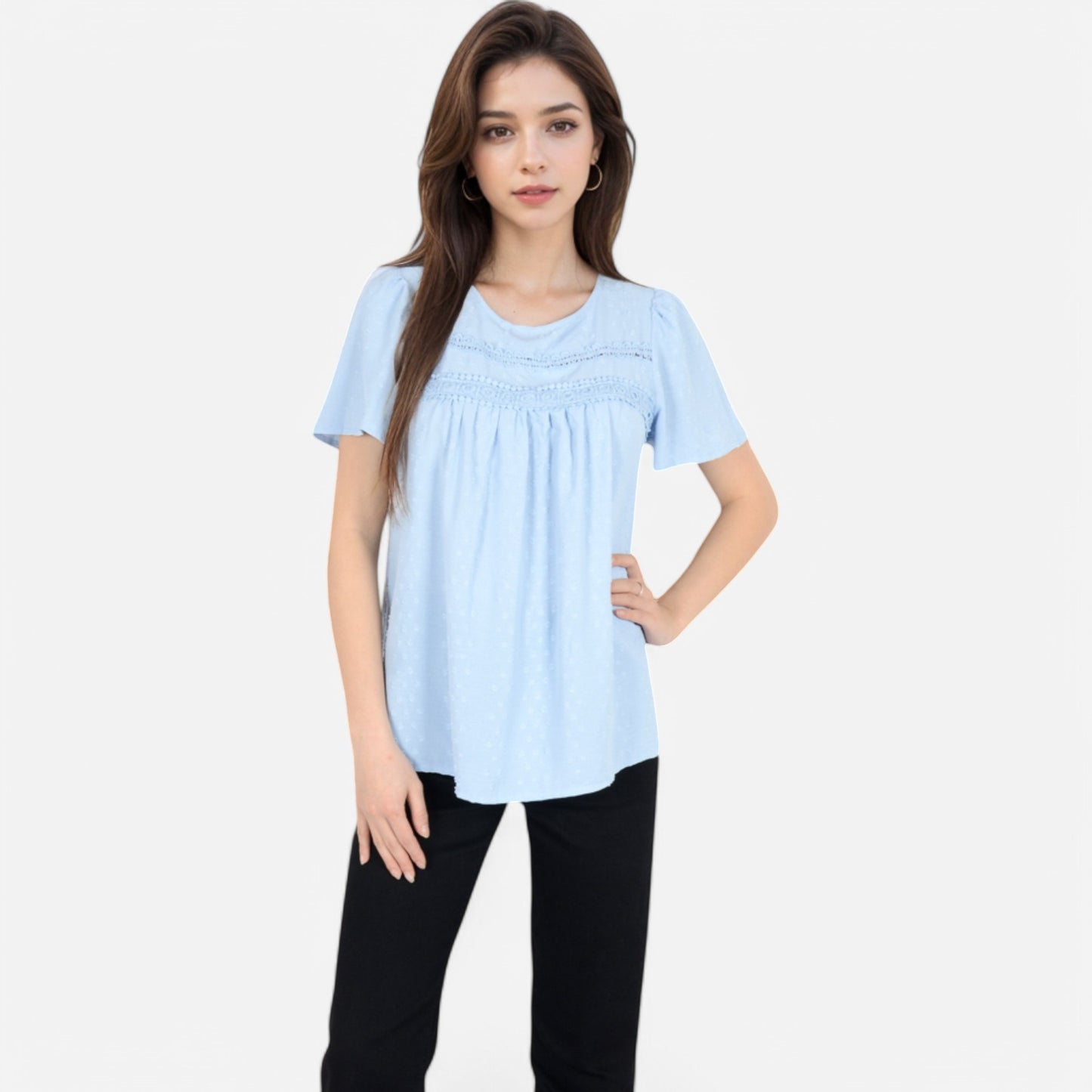 Lace Yoke Short Sleeve Blouse with Pleated Front