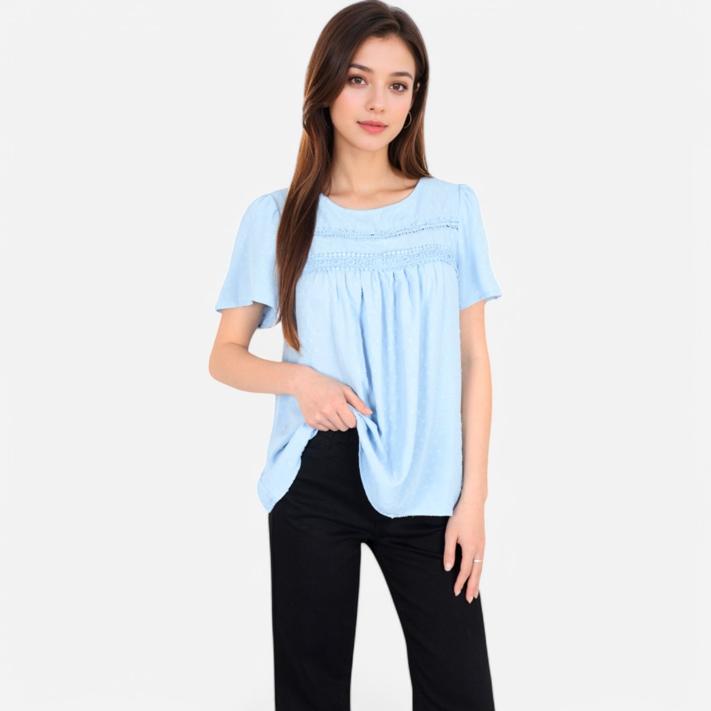 Lace Yoke Short Sleeve Blouse with Pleated Front