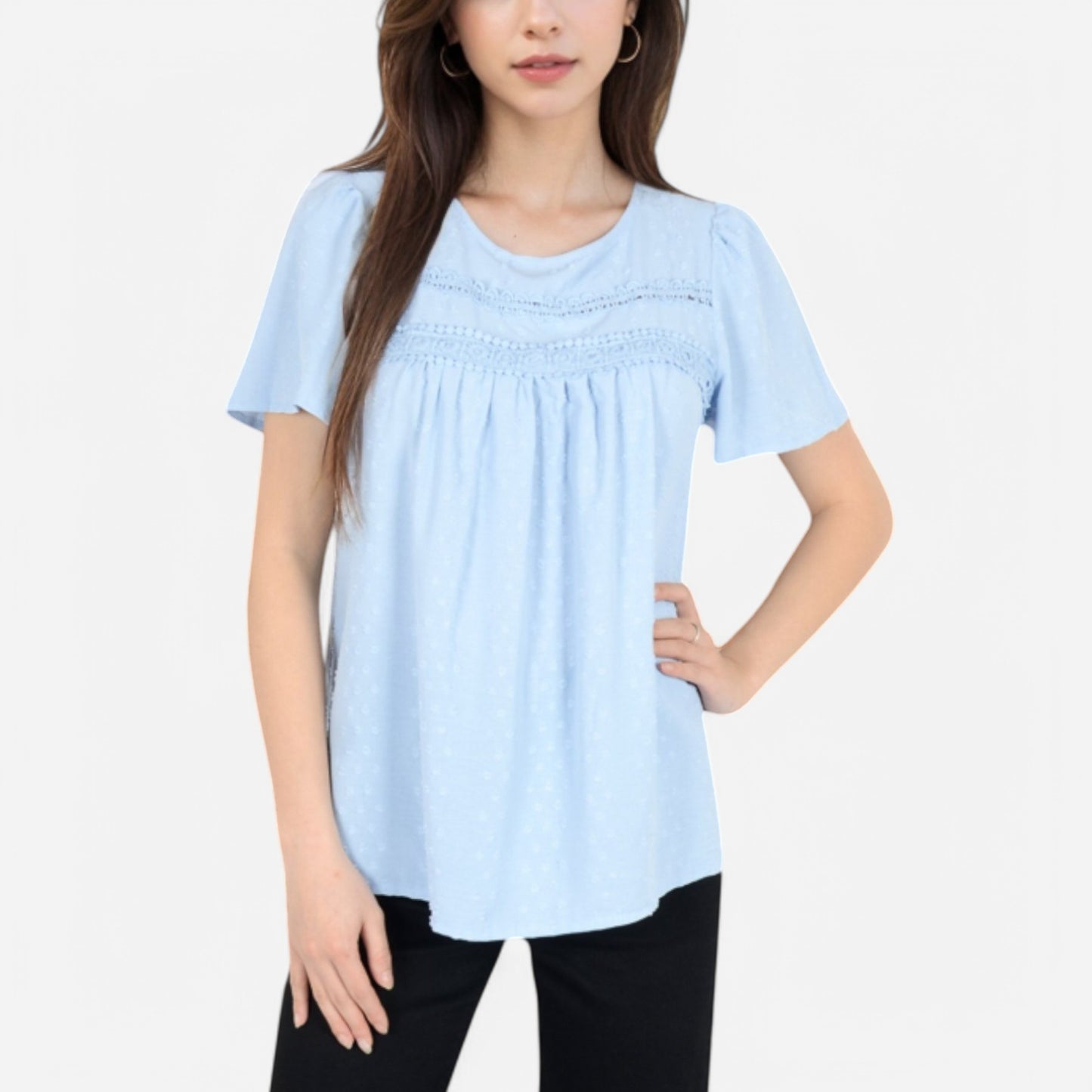 Lace Yoke Short Sleeve Blouse with Pleated Front