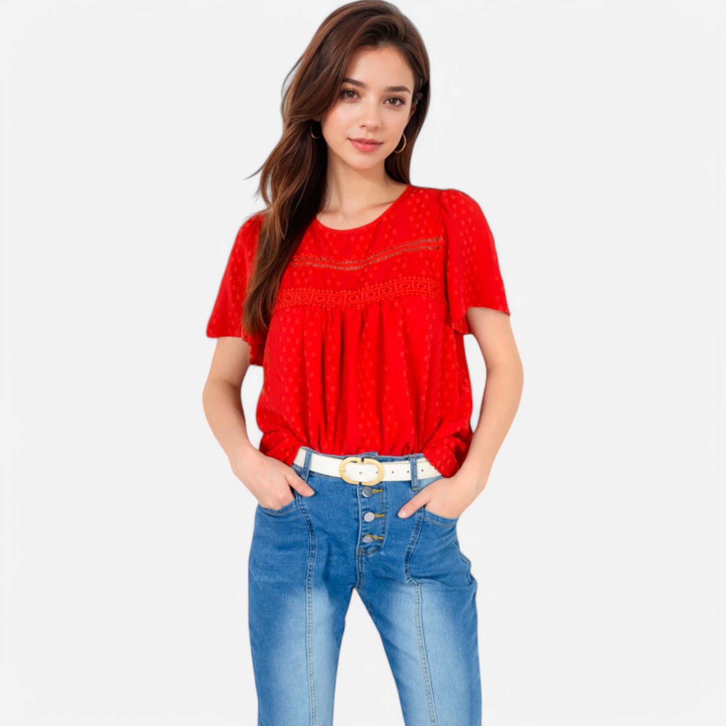 Lace Yoke Short Sleeve Blouse with Pleated Front