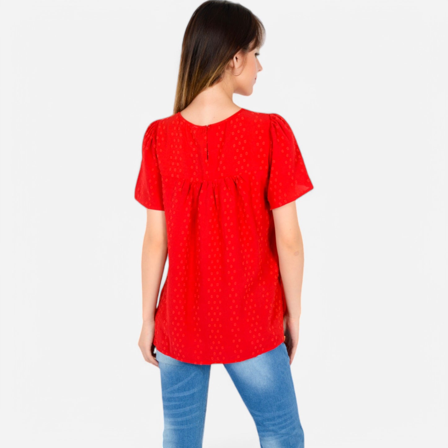 Lace Yoke Short Sleeve Blouse with Pleated Front