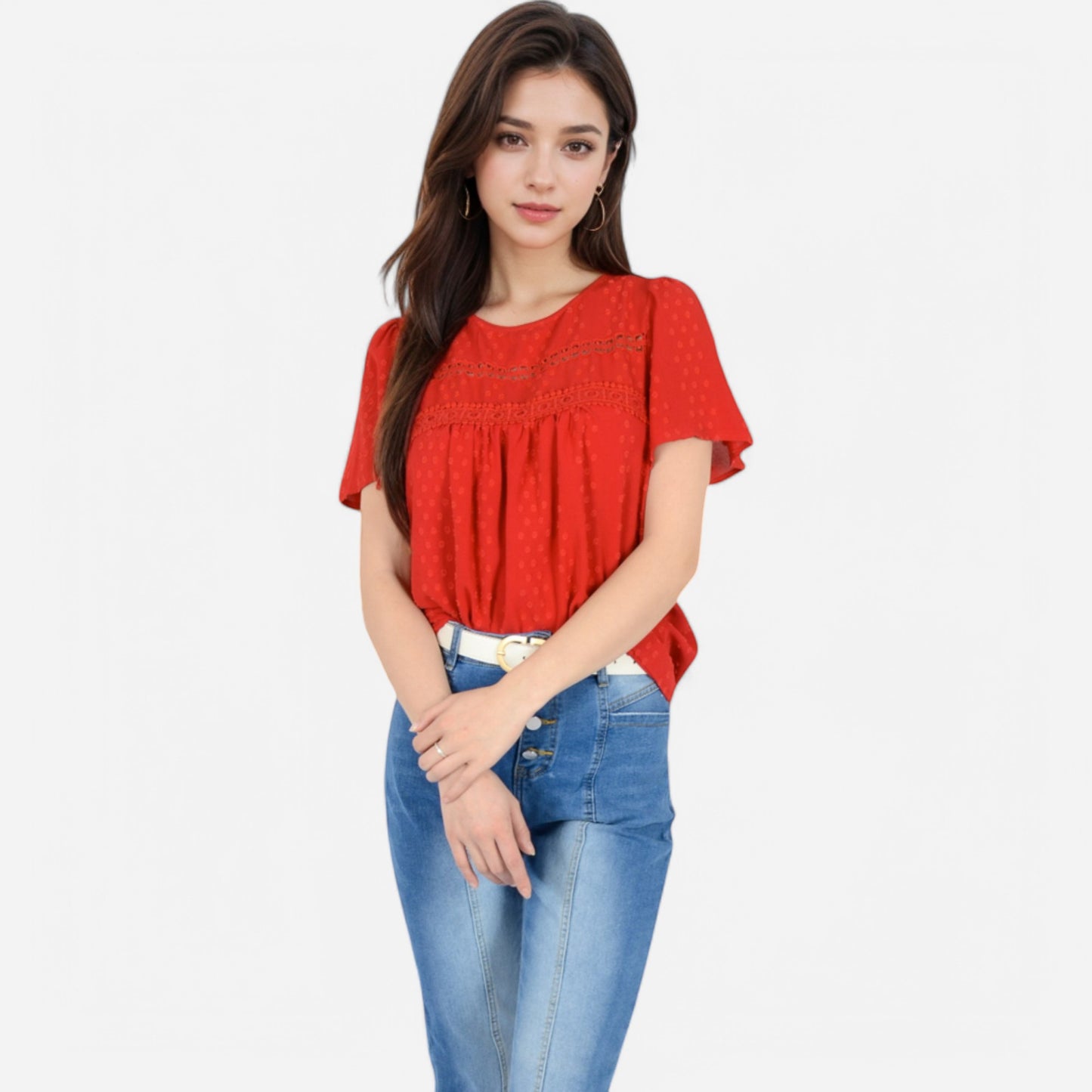 Lace Yoke Short Sleeve Blouse with Pleated Front