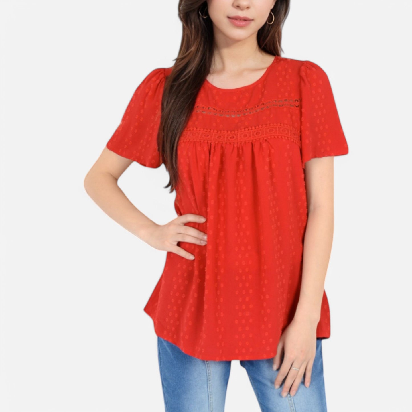Lace Yoke Short Sleeve Blouse with Pleated Front