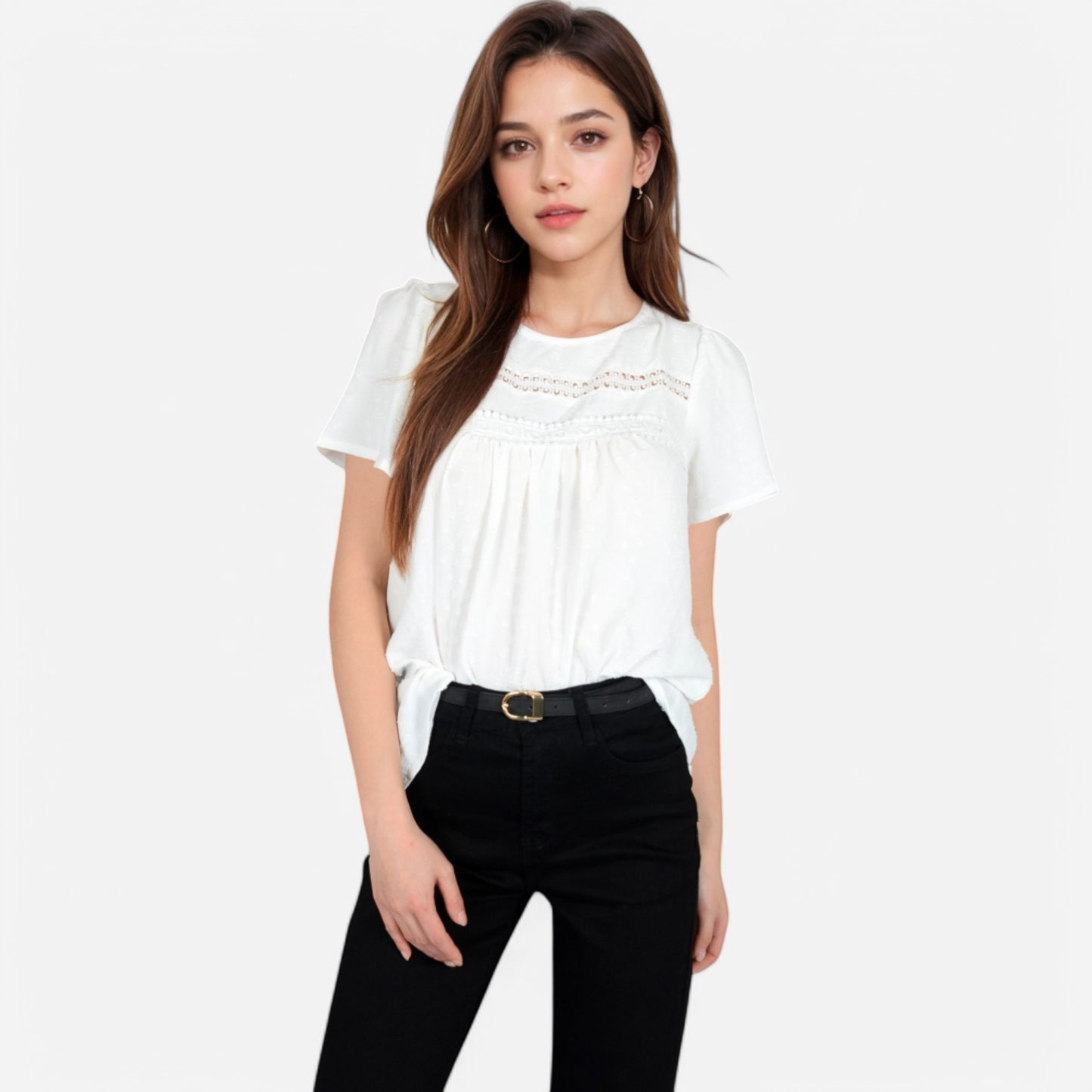 Lace Yoke Short Sleeve Blouse with Pleated Front