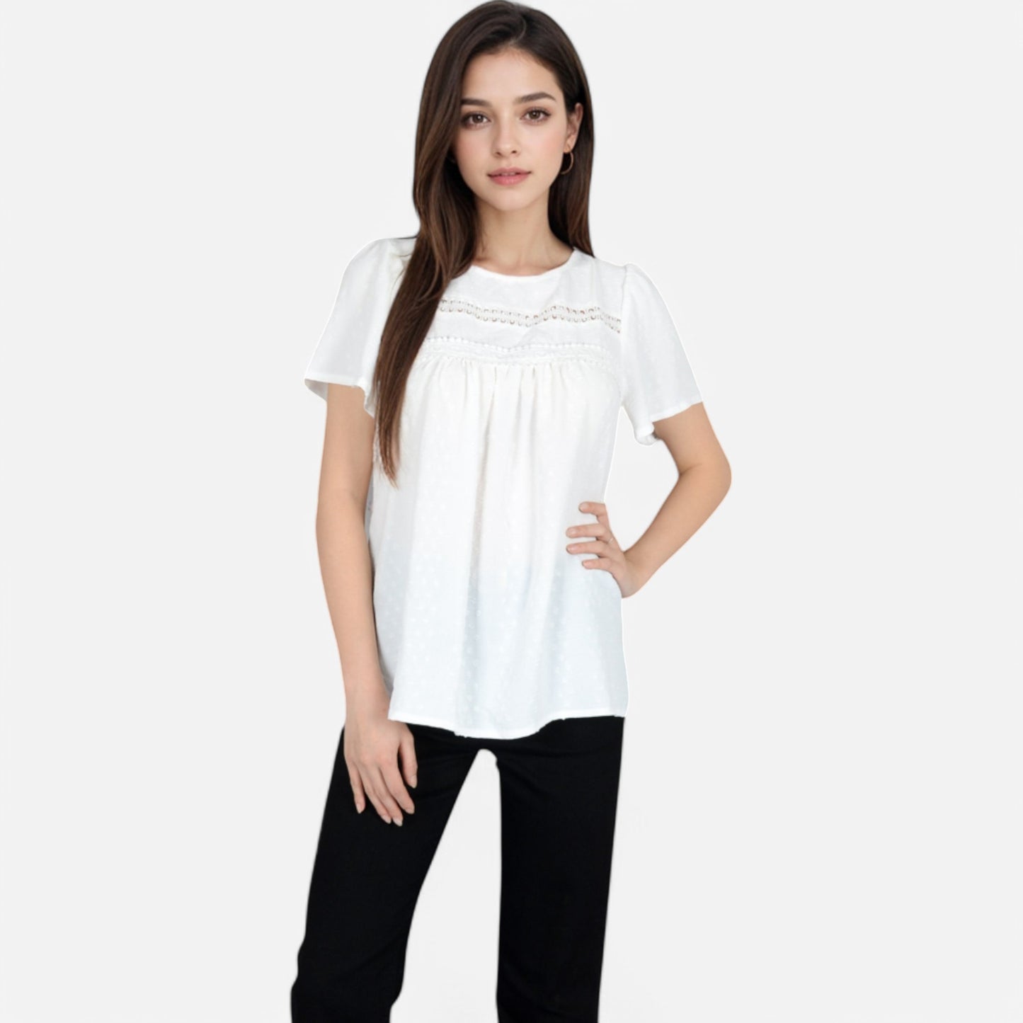 Lace Yoke Short Sleeve Blouse with Pleated Front