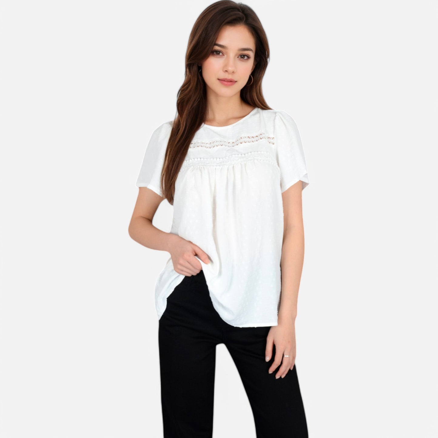 Lace Yoke Short Sleeve Blouse with Pleated Front