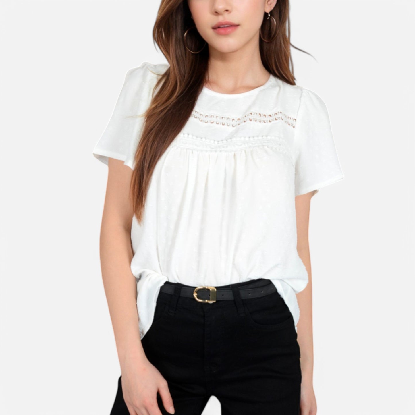 Lace Yoke Short Sleeve Blouse with Pleated Front