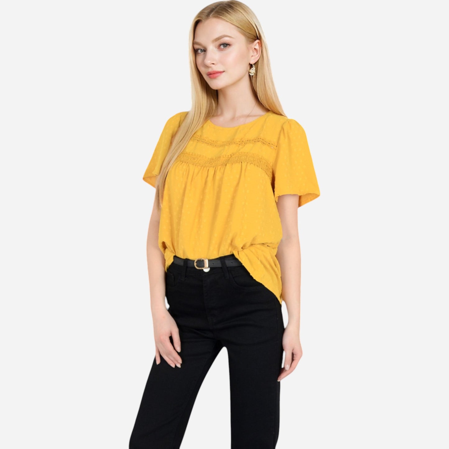 Lace Yoke Short Sleeve Blouse with Pleated Front