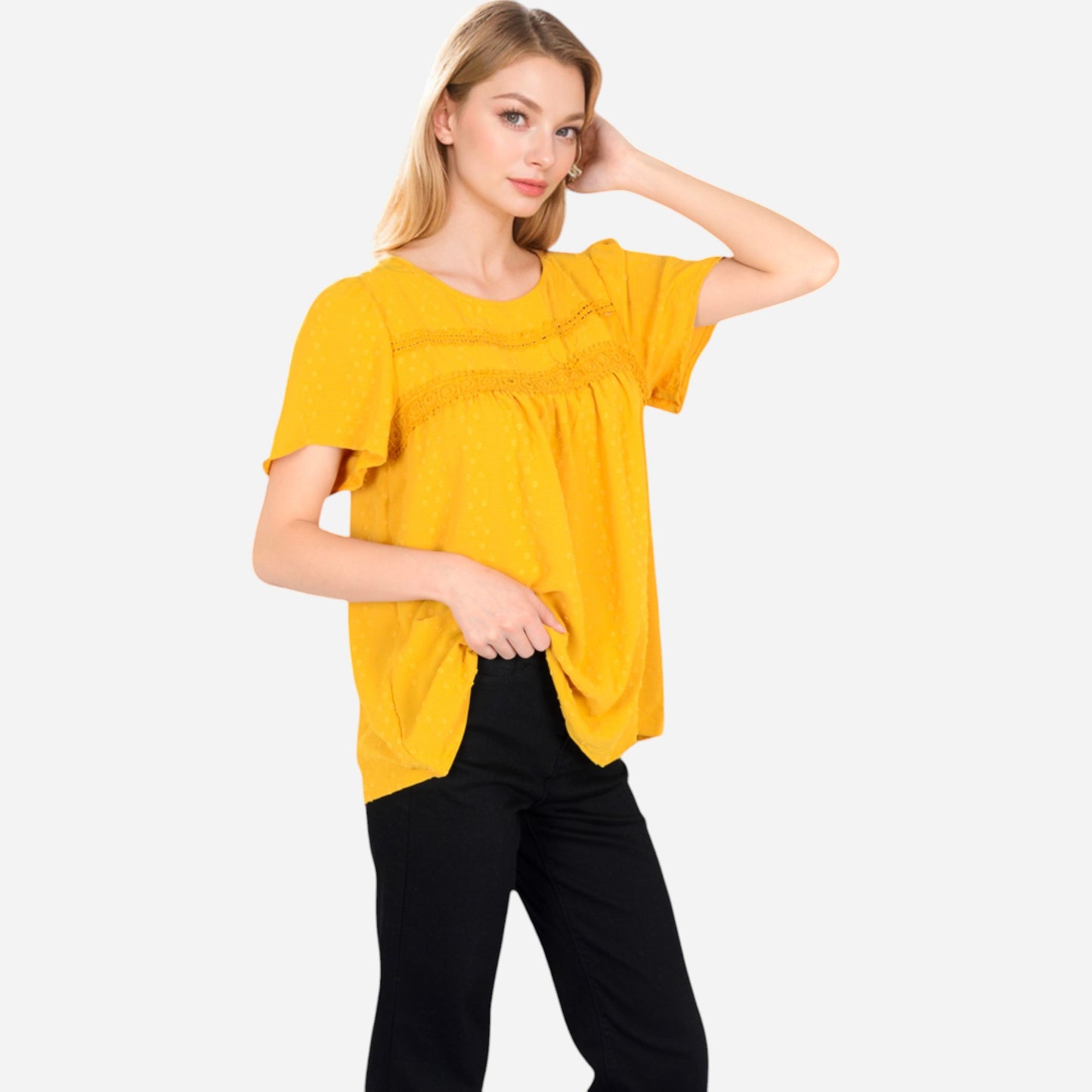 Lace Yoke Short Sleeve Blouse with Pleated Front