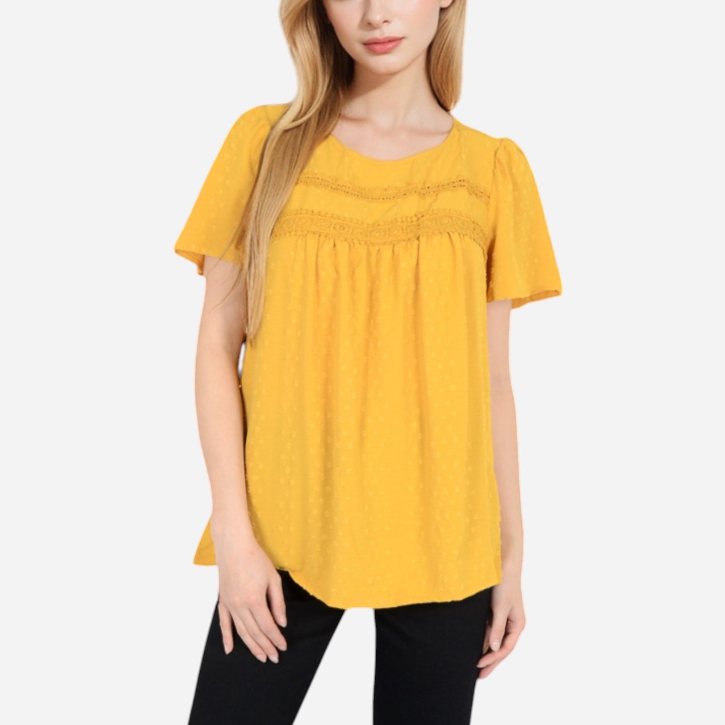 Lace Yoke Short Sleeve Blouse with Pleated Front
