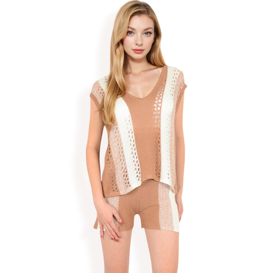 Crochet Knit Two-Piece Set with Striped Top and Shorts