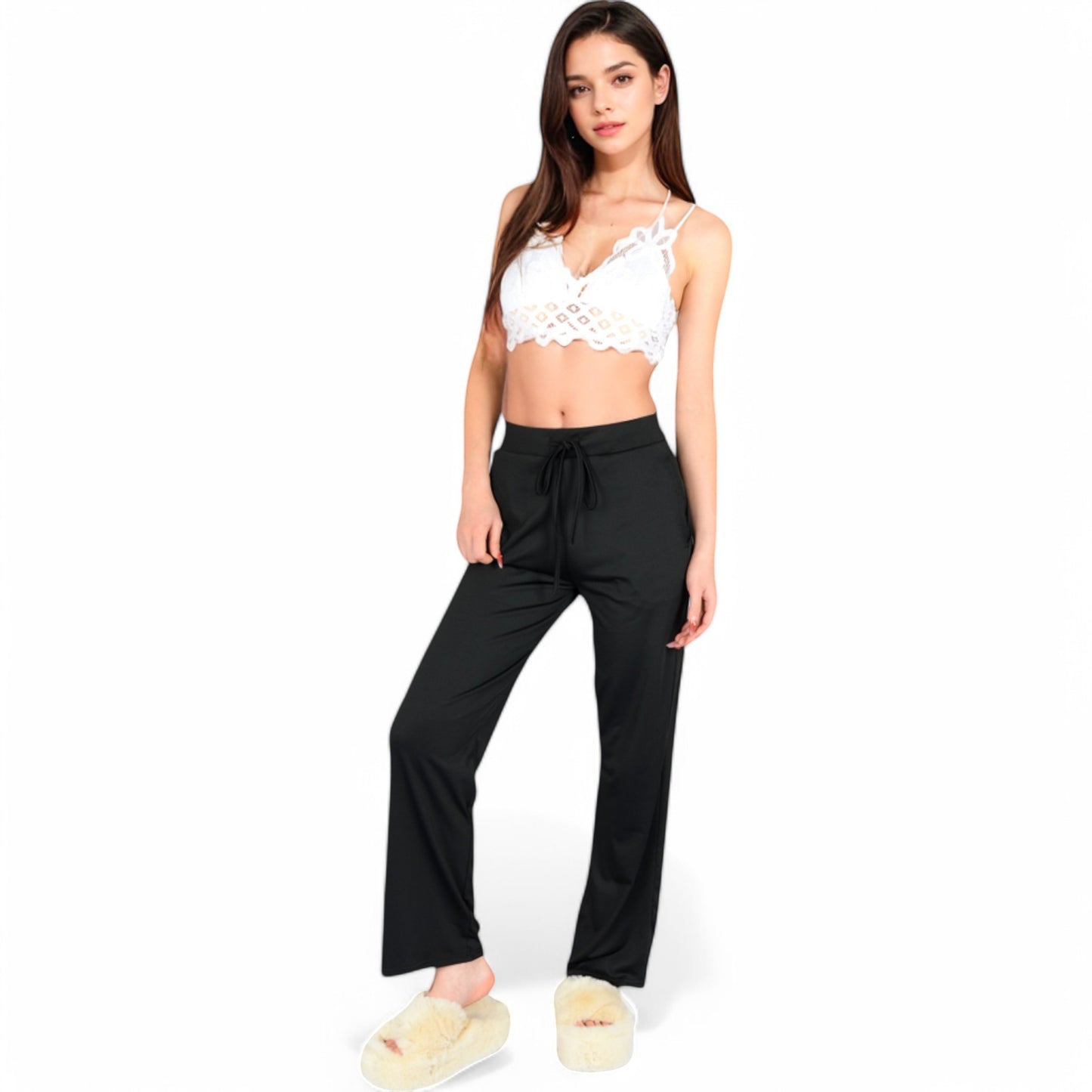 High Waist Wide Leg Lounge Pants with Drawstring