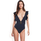 Ruffle Shoulder Deep V One-Piece Swimsuit with Belted Waist