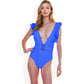 Ruffle Shoulder Deep V One-Piece Swimsuit with Belted Waist