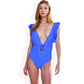 Ruffle Shoulder Deep V One-Piece Swimsuit with Belted Waist