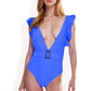 Ruffle Shoulder Deep V One-Piece Swimsuit with Belted Waist