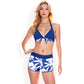 Floral Print Halter Bikini Set with High Waist Swim Shorts