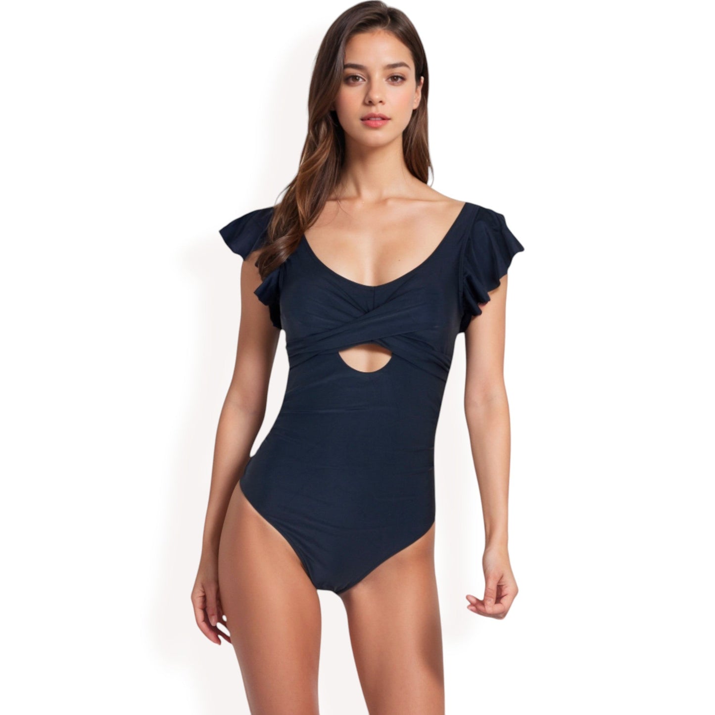 Ruffled Sleeve One-Piece Swimsuit with Twist Front and Cutout Detail