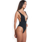 Deep V-Neck One-Piece Swimsuit with Ribbed Texture and High-Cut Leg
