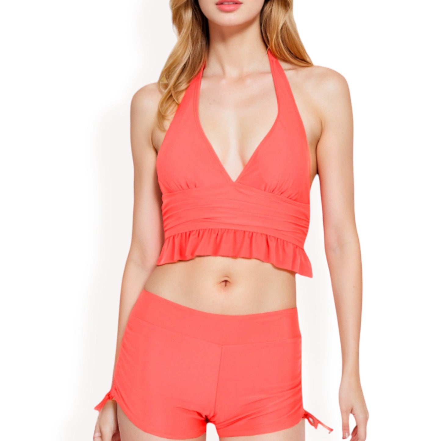 Halter High-Waisted Bikini Set with Ruched Detailing and Ruffle Hem