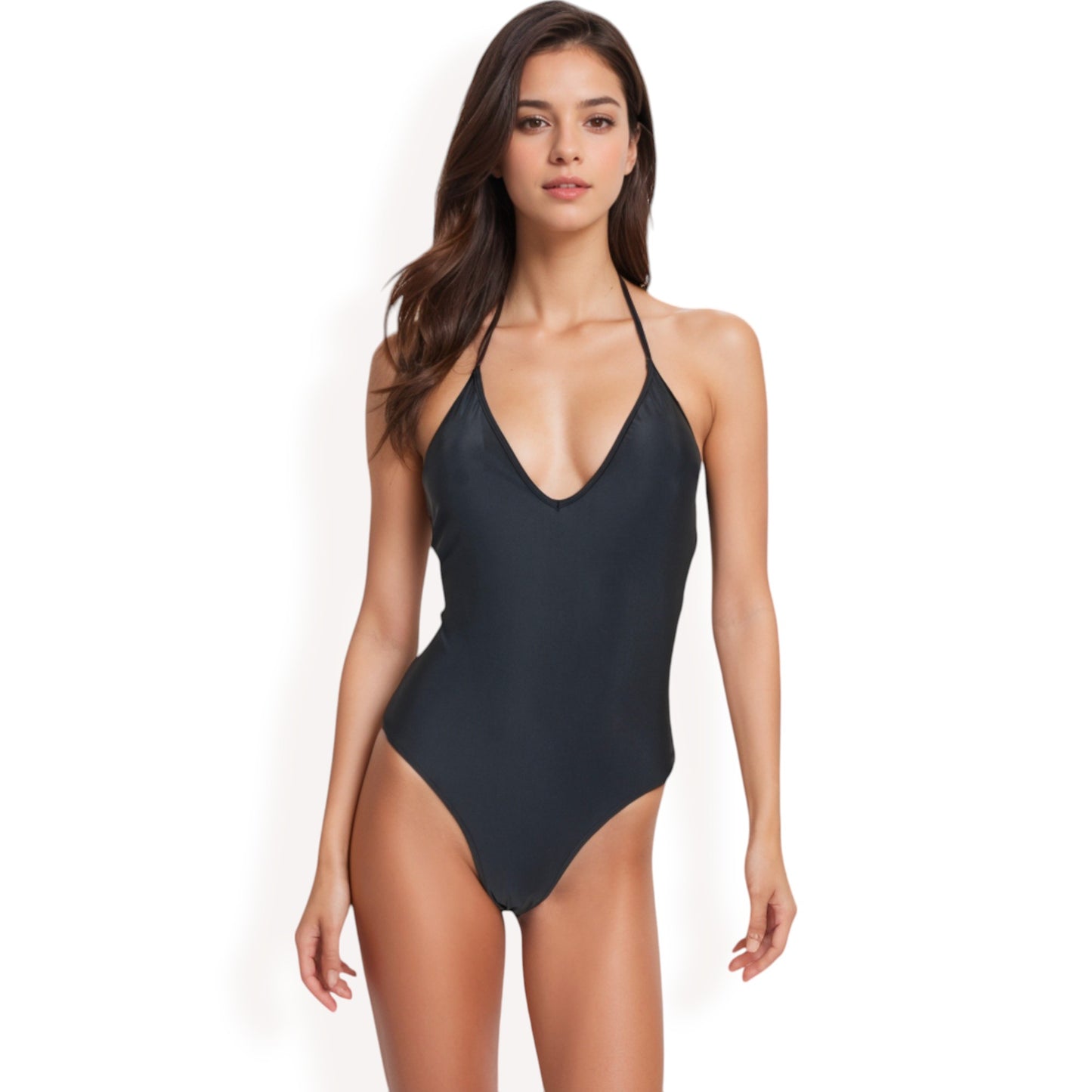 Halter Neck One-Piece Swimsuit with Plunge V-Neckline
