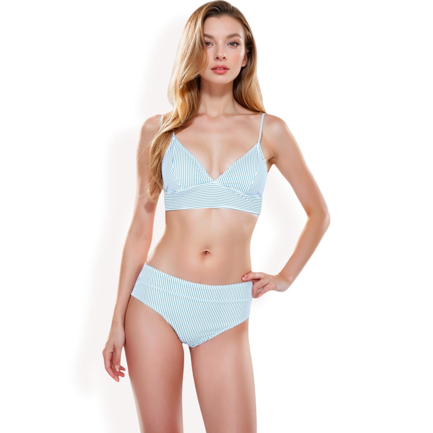 High-Waisted Bikini Set with Striped Print and Triangle Top