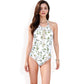 Halter Neck One-Piece Swimsuit with Floral Print and Sheer Mesh Detail