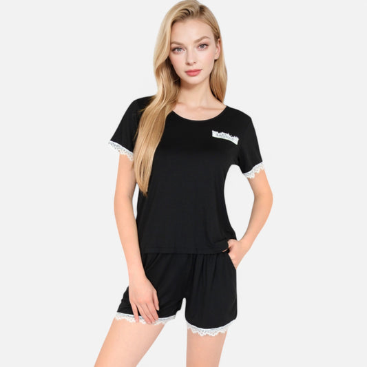 Lounge Women's Lace Trim Short Sleeve Pajama Set with Pocket Detail