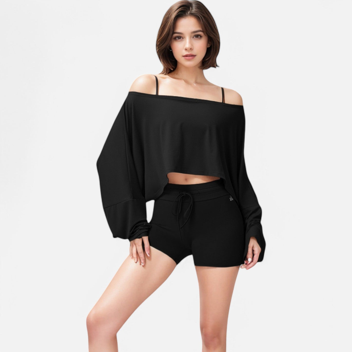 Cropped Long Sleeve Pullover with Wide Boat Neck