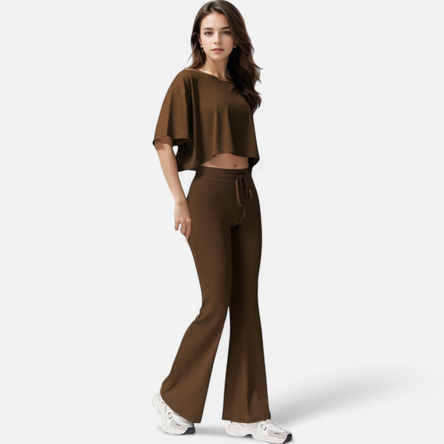 High Waist Flare Athletic Pants with Drawstring Waist
