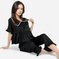 Lounge Women's Embroidered Collar Pajama Set with Ruffle Trim and Button-Up Top