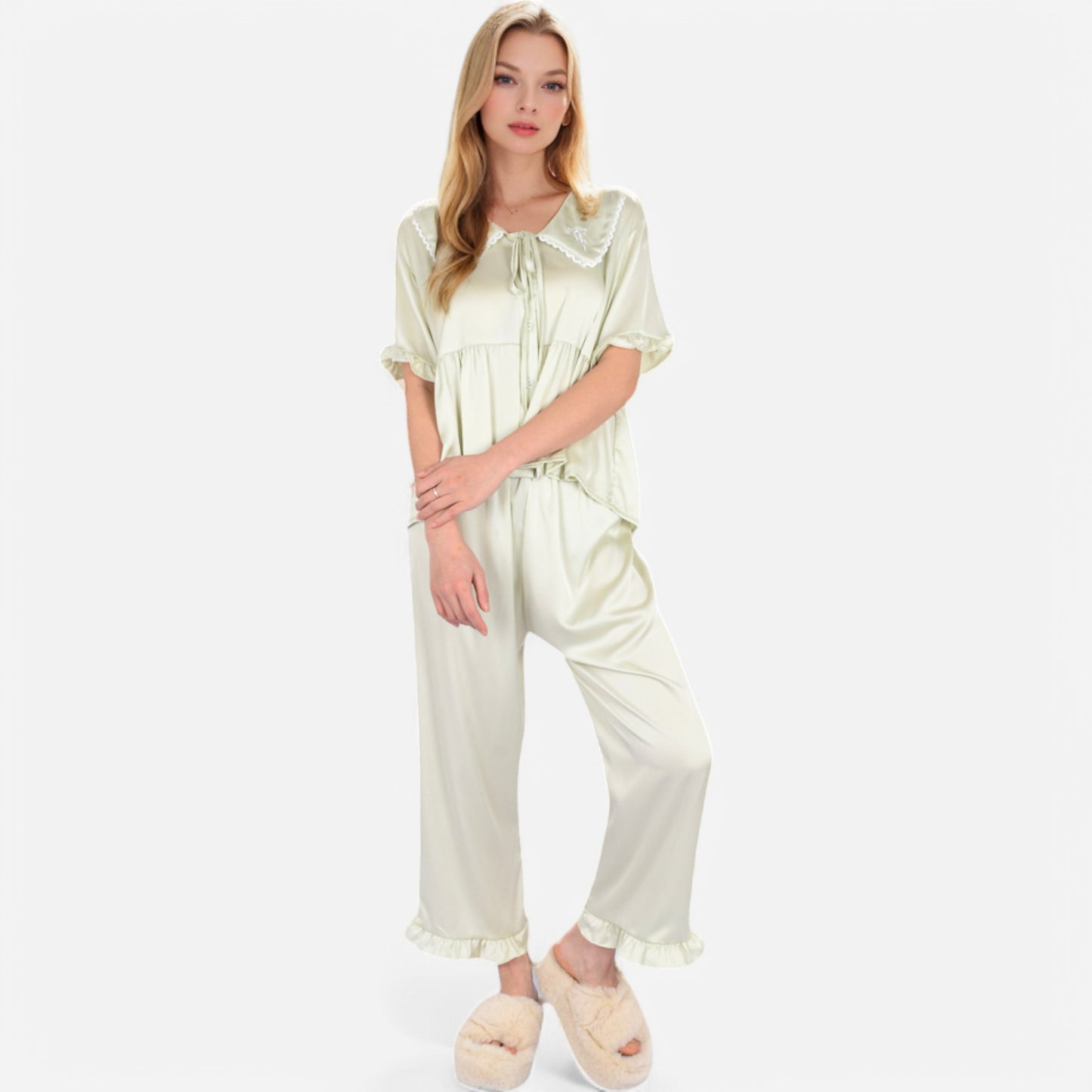 Lounge Women's Embroidered Collar Pajama Set with Ruffle Trim and Button-Up Top