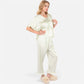 Lounge Women's Embroidered Collar Pajama Set with Ruffle Trim and Button-Up Top