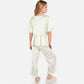 Lounge Women's Embroidered Collar Pajama Set with Ruffle Trim and Button-Up Top