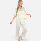 Lounge Women's Embroidered Collar Pajama Set with Ruffle Trim and Button-Up Top
