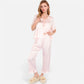 Lounge Women's Embroidered Collar Pajama Set with Ruffle Trim and Button-Up Top
