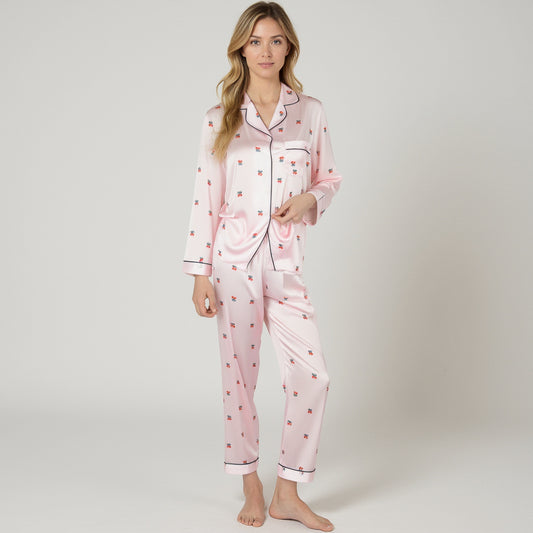 Lounge Women's Satin Long Sleeve Pajama Set with Mini Bow Print Button-Up Top and Chest Pocket