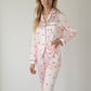 Lounge Women's Satin Long Sleeve Pajama Set with Mini Bow Print Button-Up Top and Chest Pocket