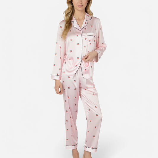 Lounge Women's Satin Long Sleeve Pajama Set with Mini Bow Print Button-Up Top and Chest Pocket