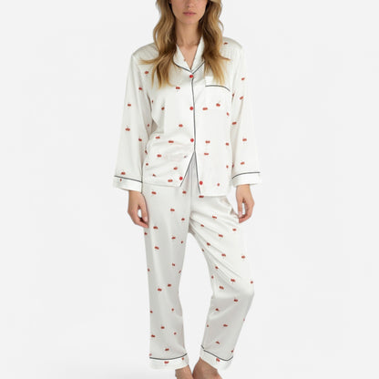 Lounge Women's Satin Long Sleeve Pajama Set with Mini Bow Print Button-Up Top and Chest Pocket