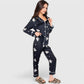 Lounge Women's Printed Satin Pajama Set with Button-Up Long Sleeve Top and Piping Detail