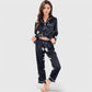 Lounge Women's Printed Satin Pajama Set with Button-Up Long Sleeve Top and Piping Detail