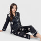 Lounge Women's Printed Satin Pajama Set with Button-Up Long Sleeve Top and Piping Detail