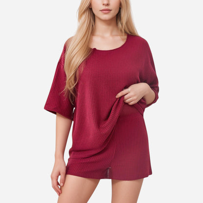 Lounge Women's Waffle Knit Short Sleeve Lounge Top and Shorts Set with Relaxed Fit